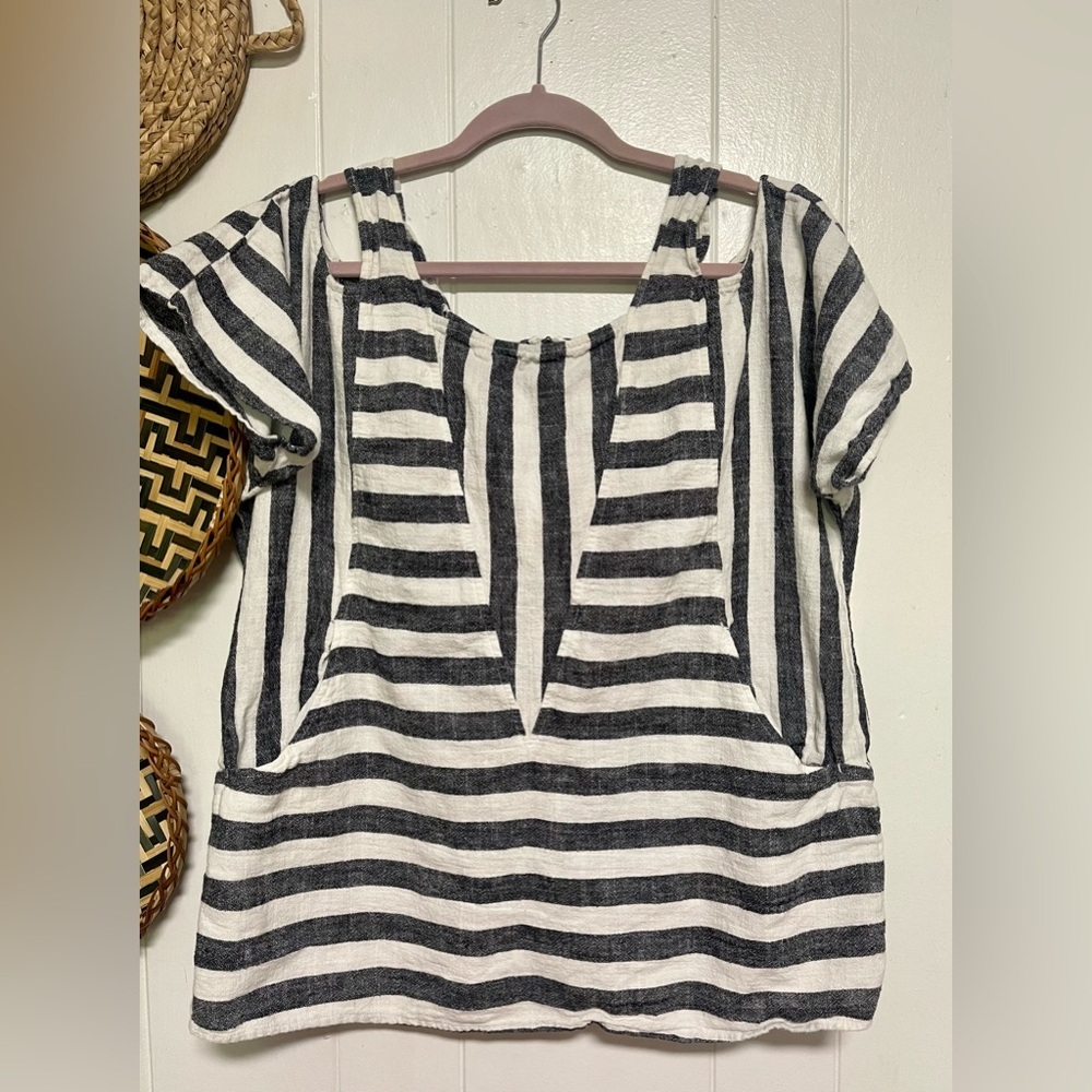 Soft Surroundings Gray Tunic Cold Shoulder Linen Blend Striped Top Size PXL - Picture 2 of 7